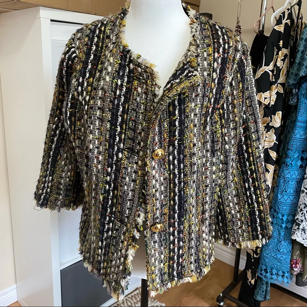 CAbi Fringe Blazer Wool Tweed Gold Button - Picture 4 of 10